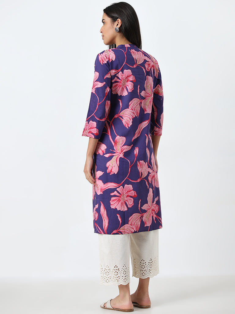 Utsa Purple Floral Design Straight Cotton Kurta