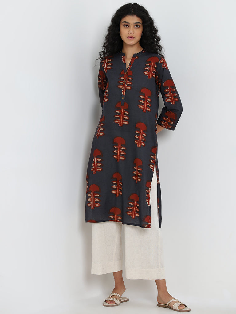 Utsa Dark Indigo Printed Straight Cotton Kurta