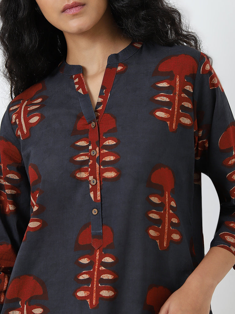 Utsa Dark Indigo Printed Straight Cotton Kurta