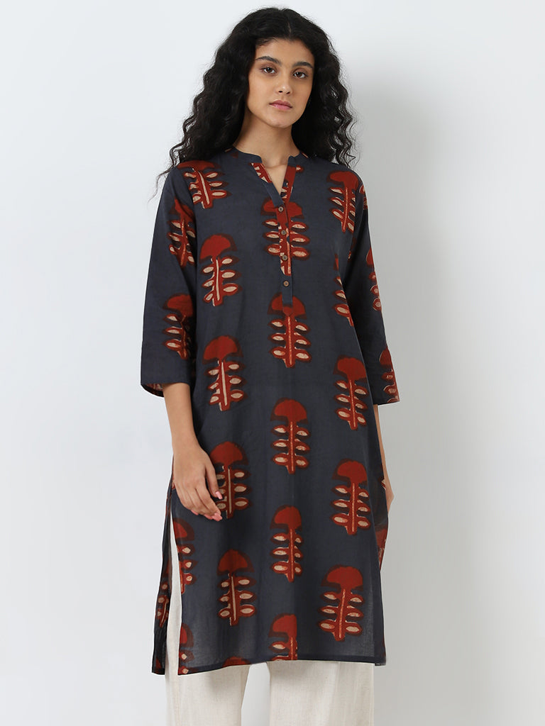 Utsa Dark Indigo Printed Straight Cotton Kurta