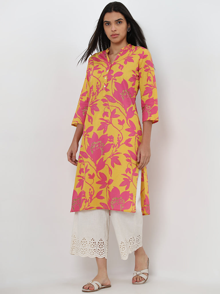 Utsa Mustard Floral Design Straight Cotton Kurta