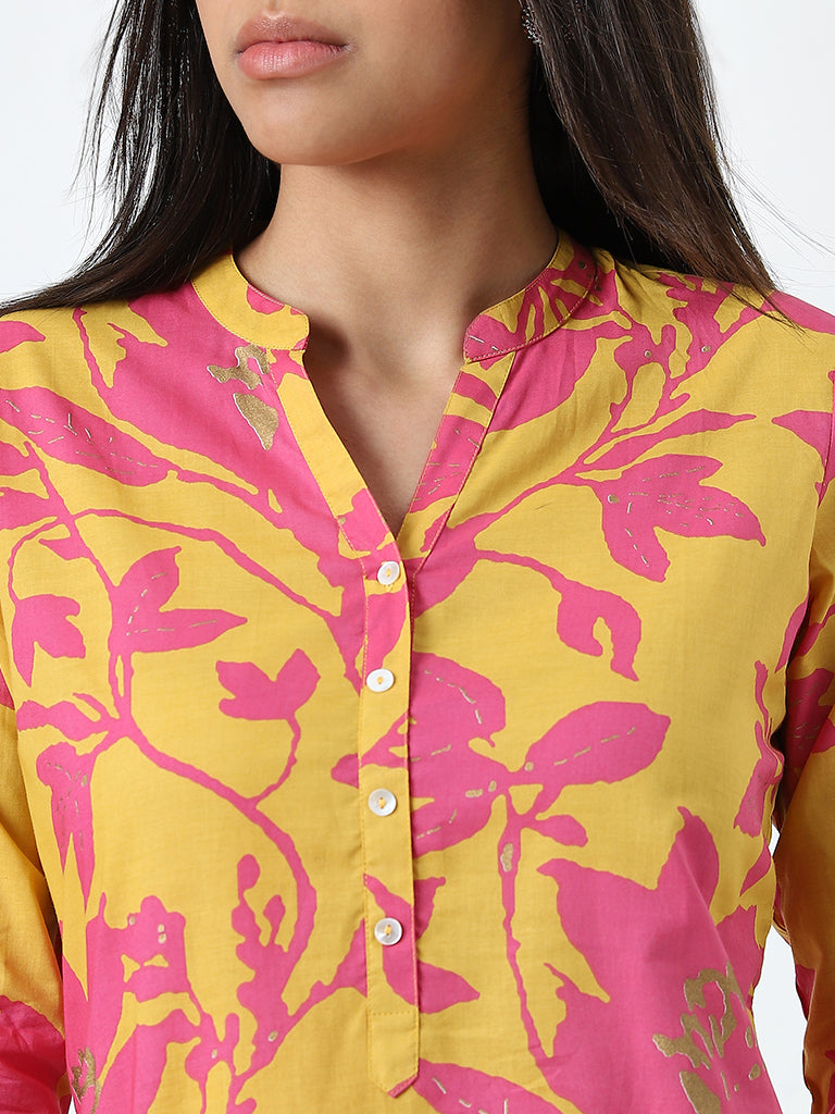 Utsa Mustard Floral Design Straight Cotton Kurta