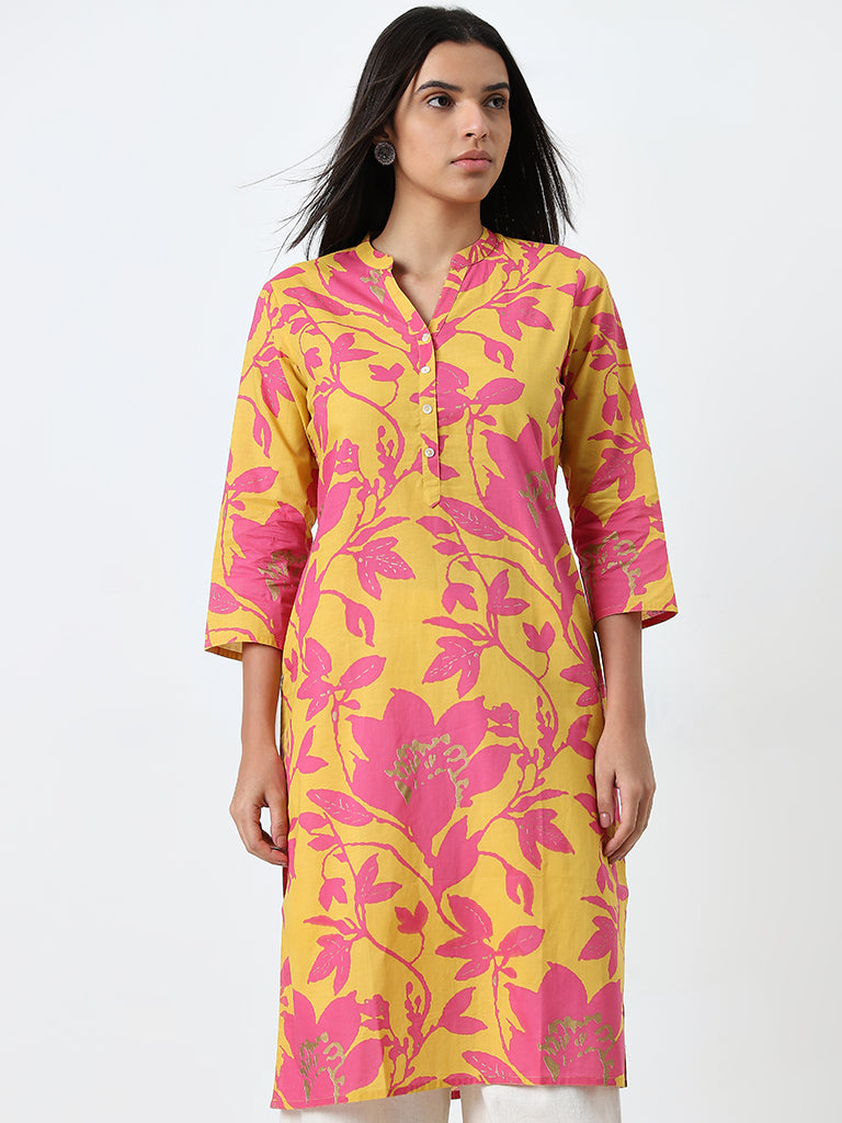 Utsa Mustard Floral Design Straight Cotton Kurta