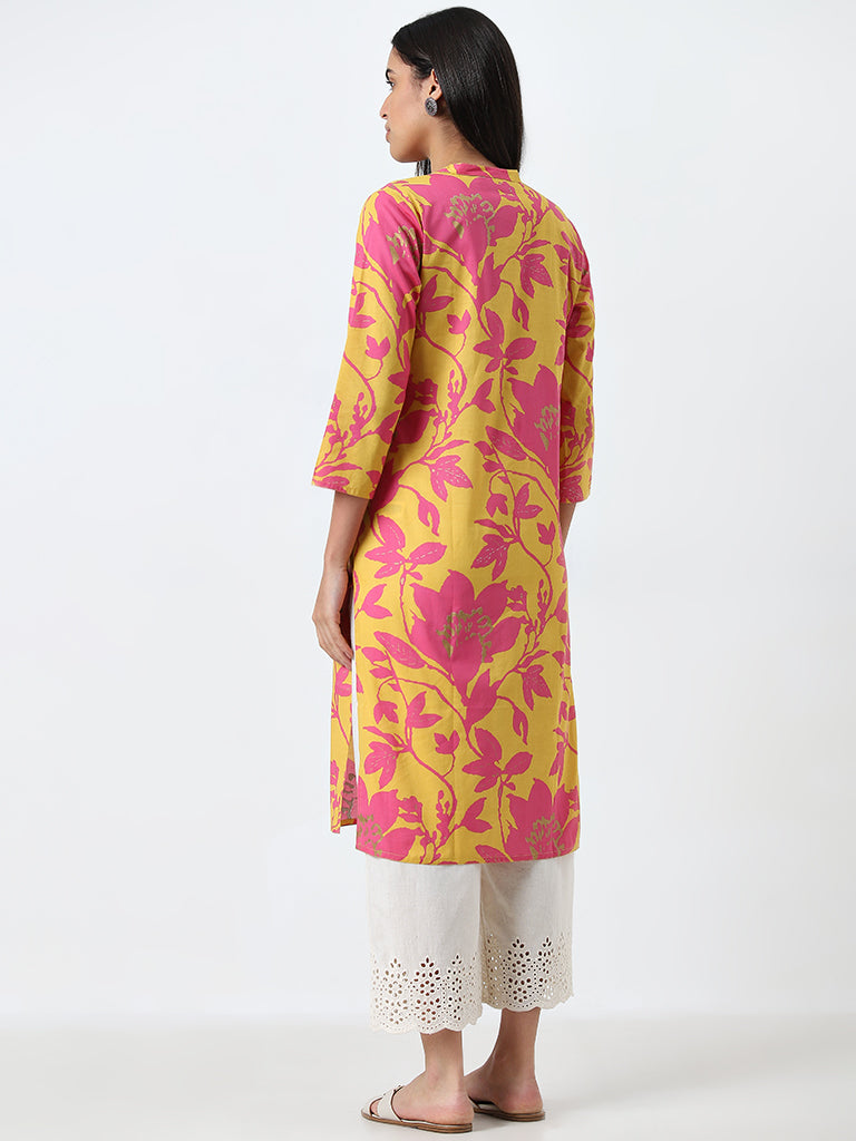 Utsa Mustard Floral Design Straight Cotton Kurta