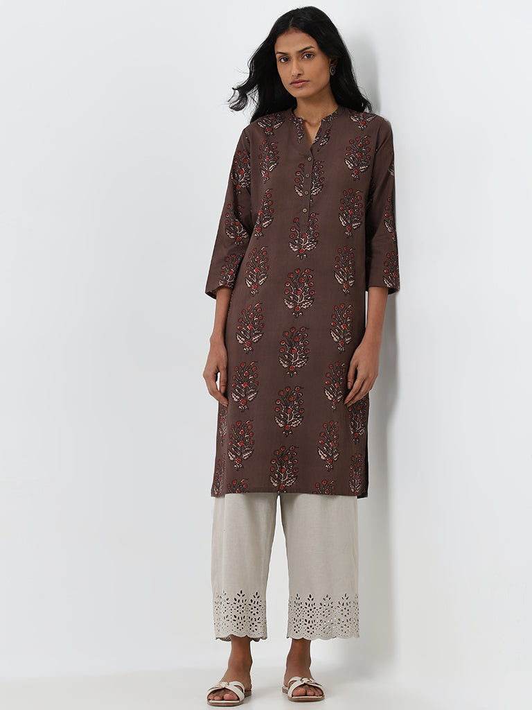 Utsa Dark Brown Floral Printed Straight Cotton Kurta