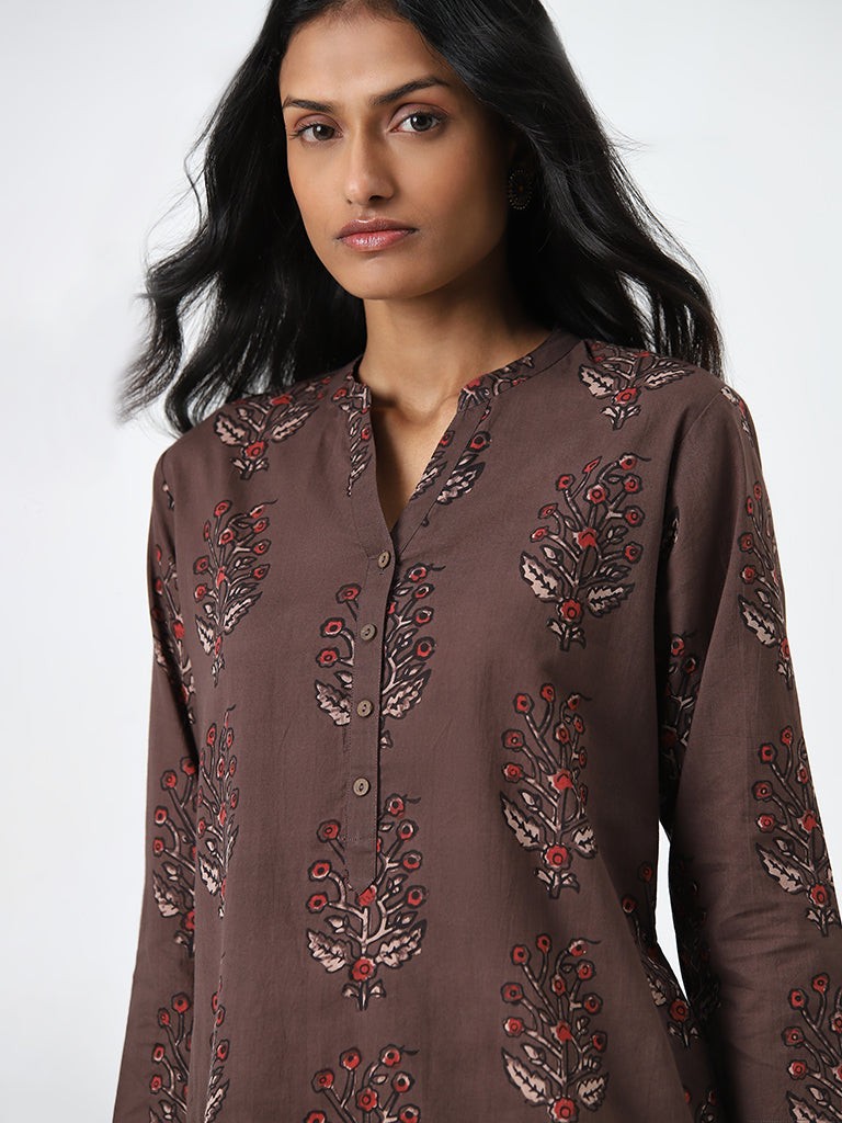 Utsa Dark Brown Floral Printed Straight Cotton Kurta