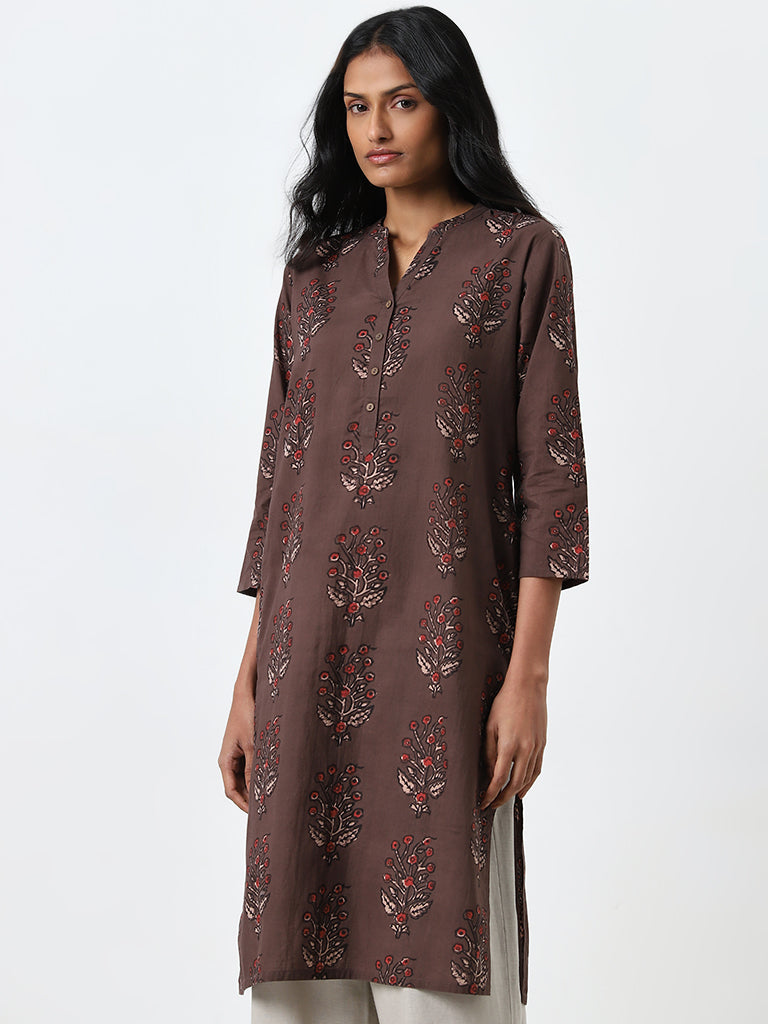 Utsa Dark Brown Floral Printed Straight Cotton Kurta