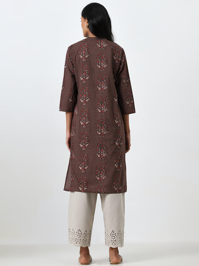 Utsa Dark Brown Floral Printed Straight Cotton Kurta