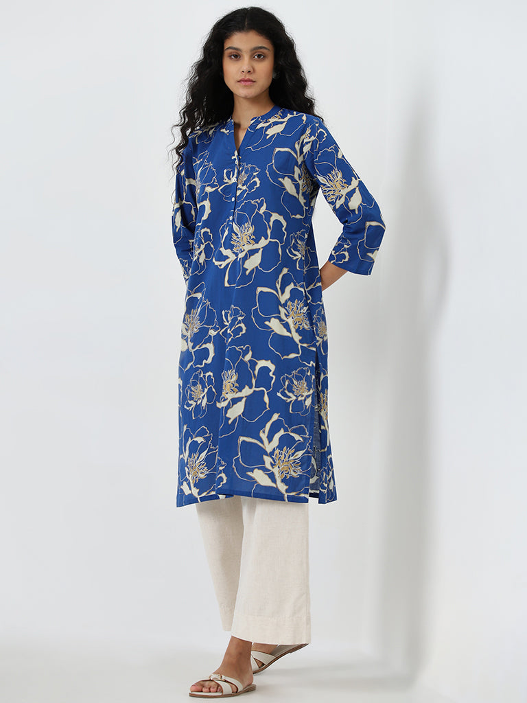 Utsa Blue Floral Printed Straight Cotton Kurta