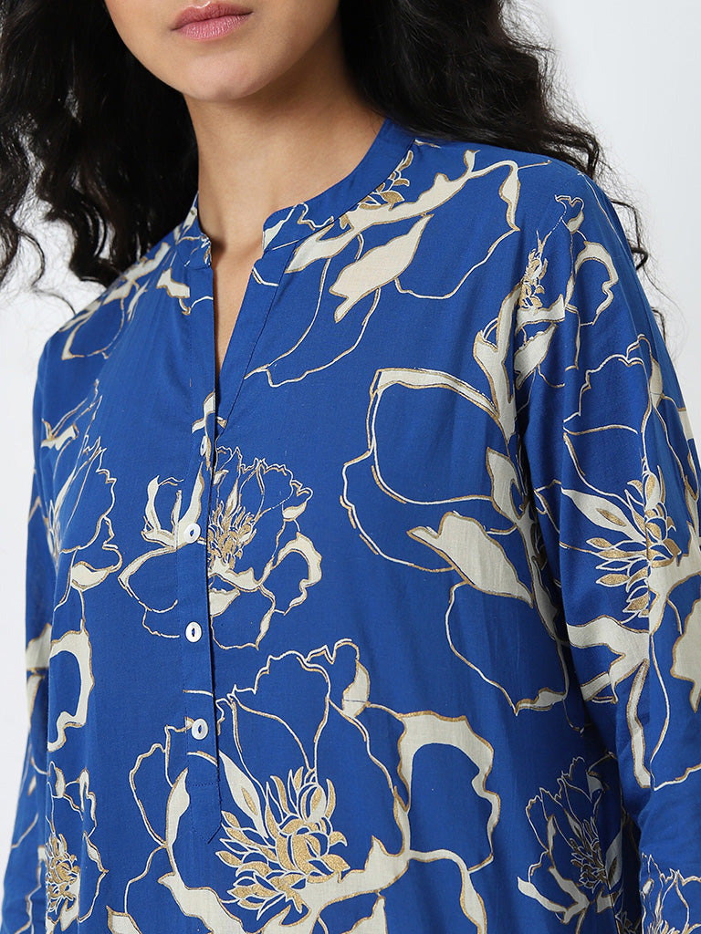 Utsa Blue Floral Printed Straight Cotton Kurta