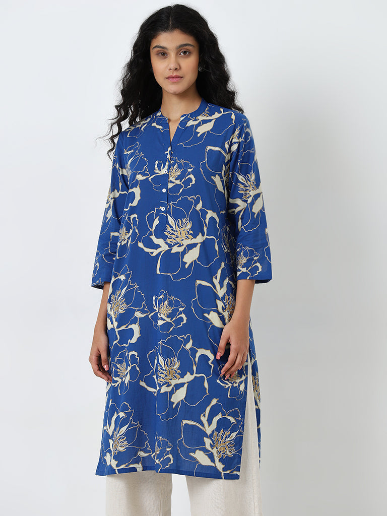 Utsa Blue Floral Printed Straight Cotton Kurta