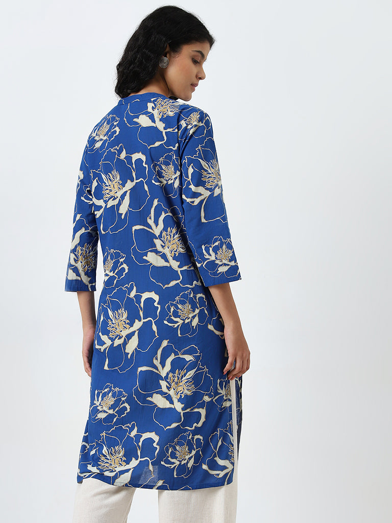 Utsa Blue Floral Printed Straight Cotton Kurta