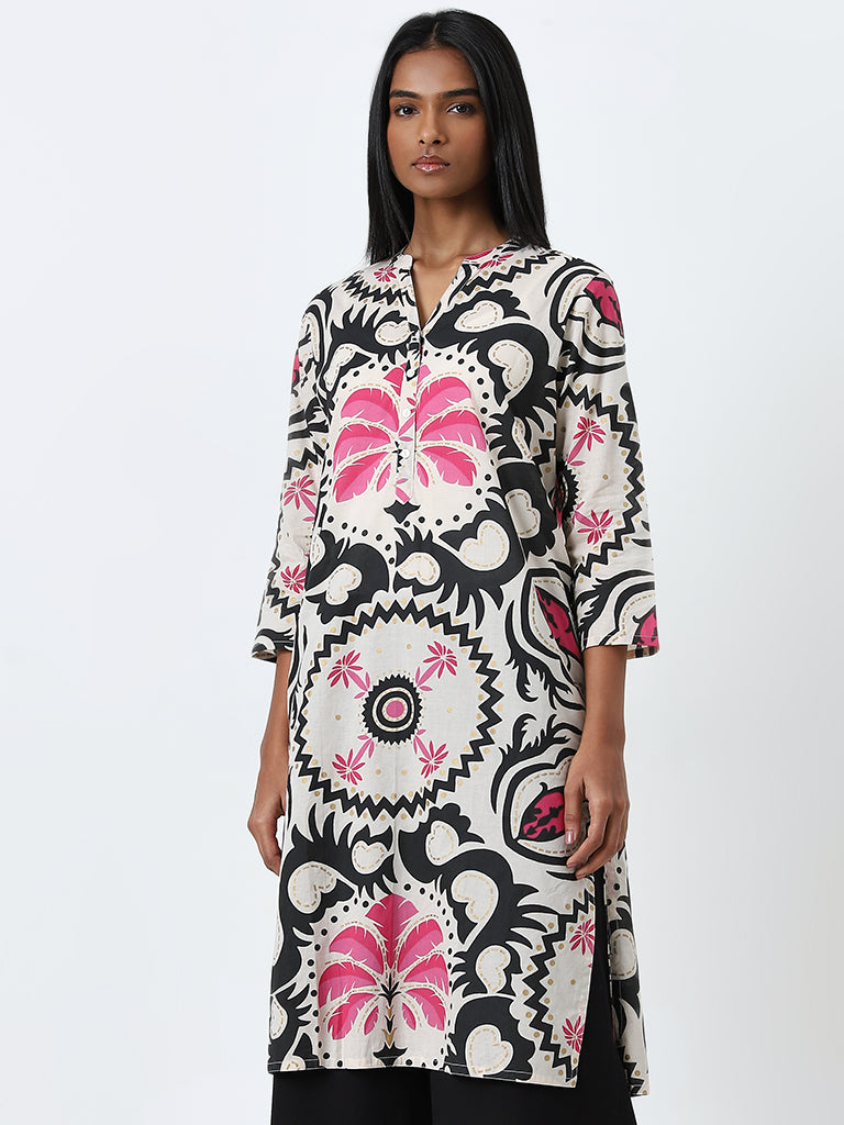 Utsa Black Printed Straight Cotton Kurta