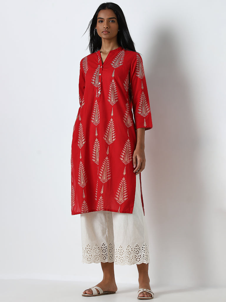 Utsa Red Printed Straight Cotton Kurta