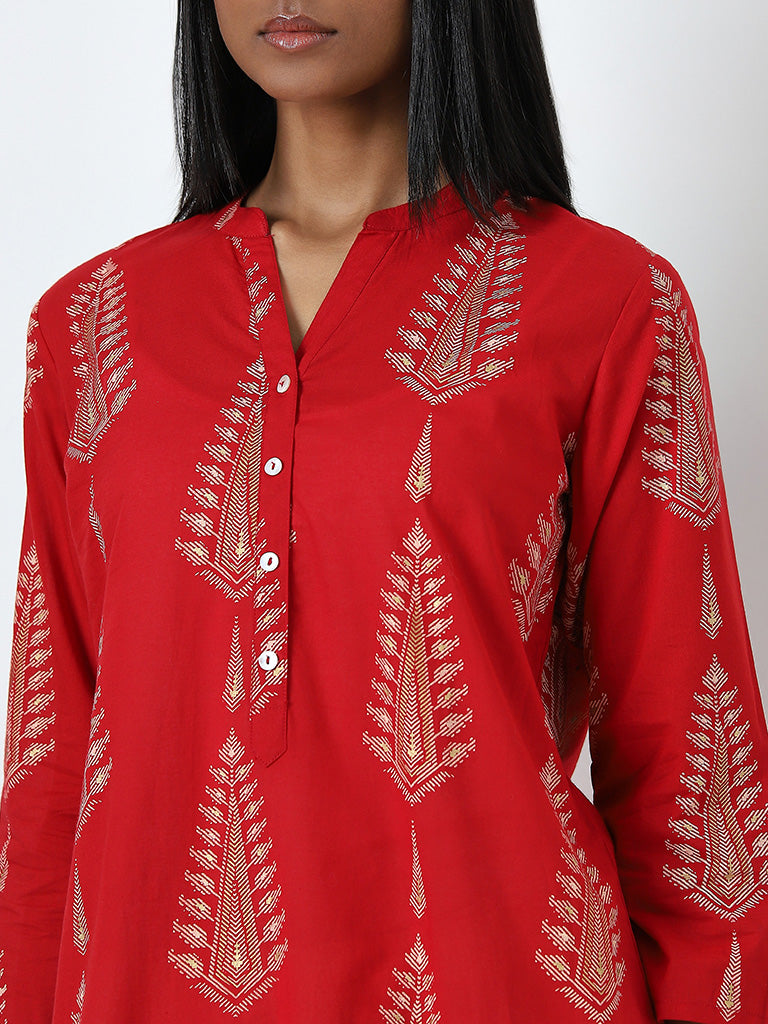 Utsa Red Printed Straight Cotton Kurta