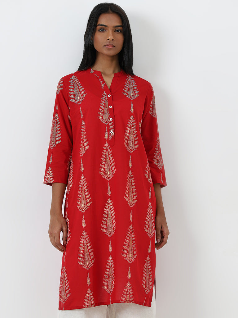 Utsa Red Printed Straight Cotton Kurta