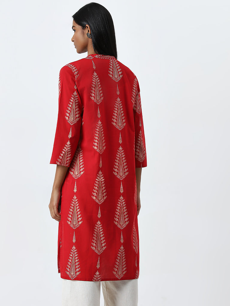 Utsa Red Printed Straight Cotton Kurta