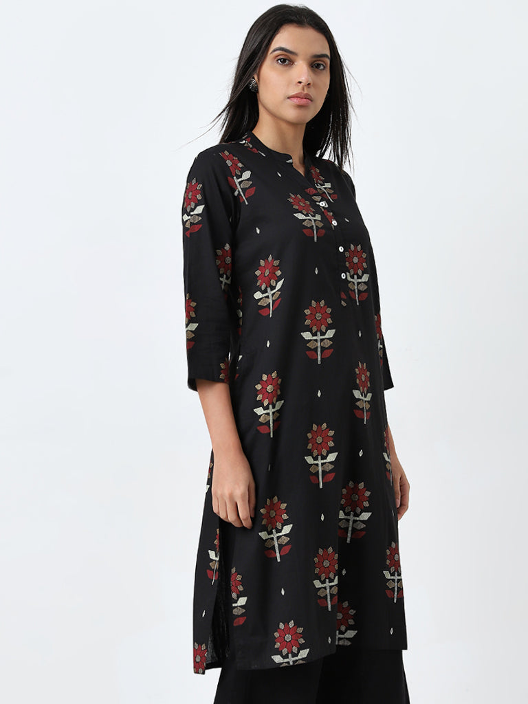 Utsa Black Floral Printed Straight Cotton Kurta