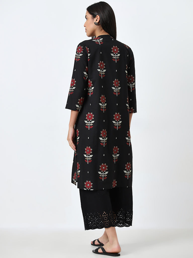 Utsa Black Floral Printed Straight Cotton Kurta