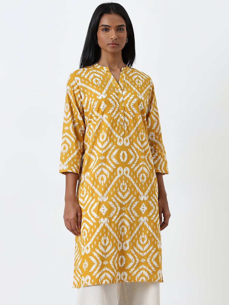 Utsa Yellow Ikat Printed Straight Cotton Kurta