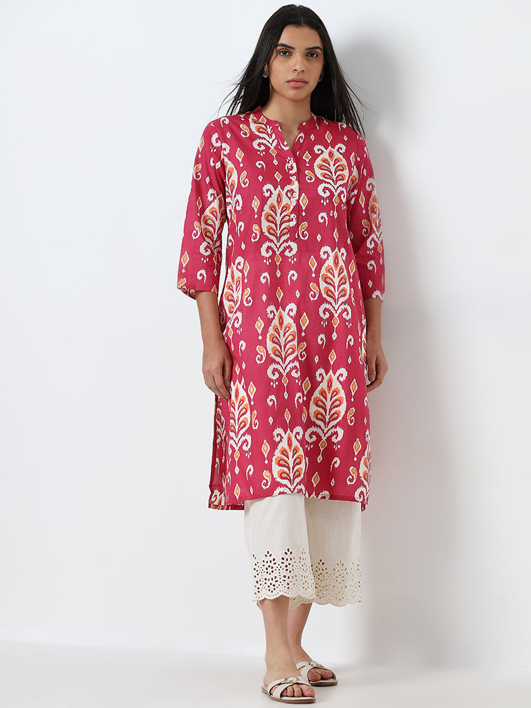 Utsa Pink Ikat Printed Straight Cotton Kurta