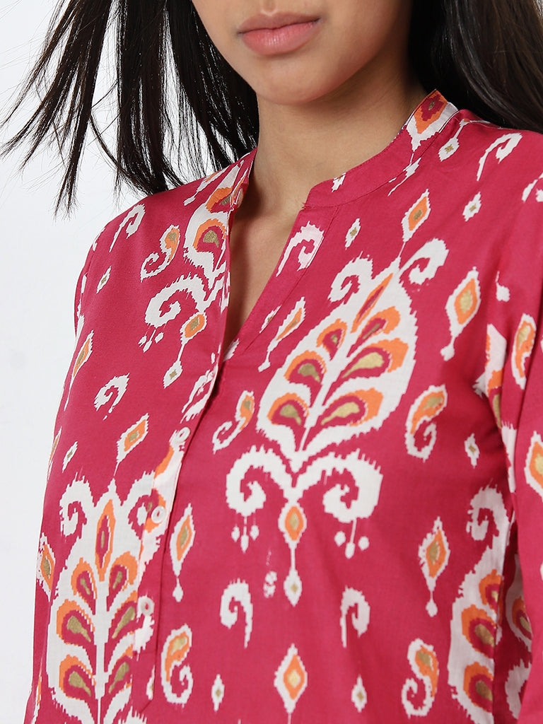 Utsa Pink Ikat Printed Straight Cotton Kurta