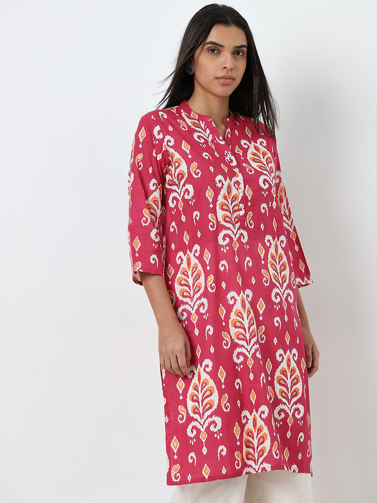 Utsa Pink Ikat Printed Straight Cotton Kurta