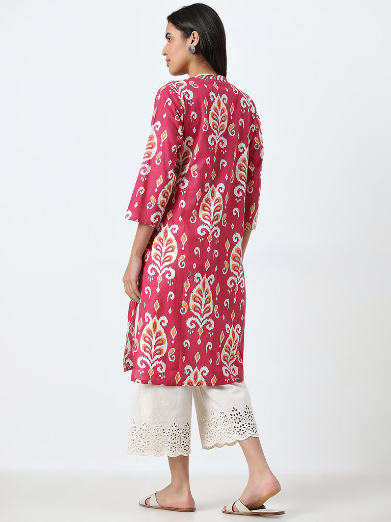 Utsa Pink Ikat Printed Straight Cotton Kurta