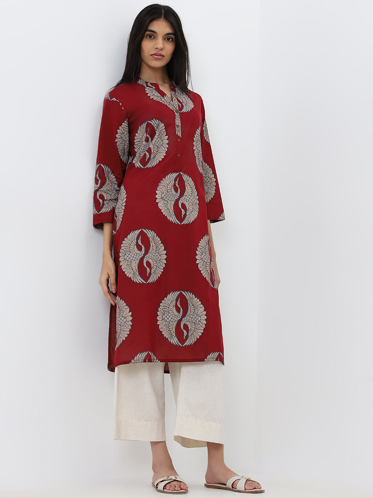 Utsa Maroon Bird Printed Straight Cotton Kurta