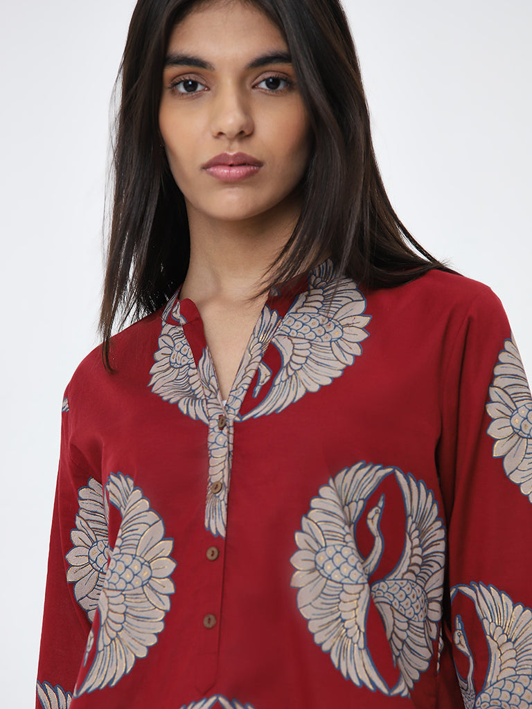 Utsa Maroon Bird Printed Straight Cotton Kurta