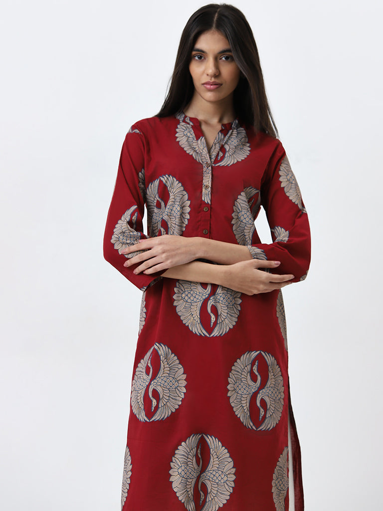 Utsa Maroon Bird Printed Straight Cotton Kurta