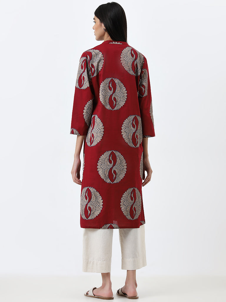 Utsa Maroon Bird Printed Straight Cotton Kurta