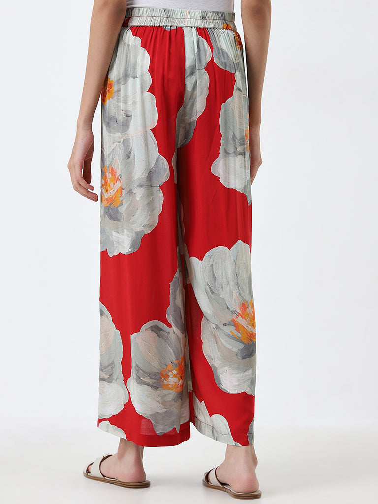 Utsa Red Floral Patterned High-Rise Palazzos