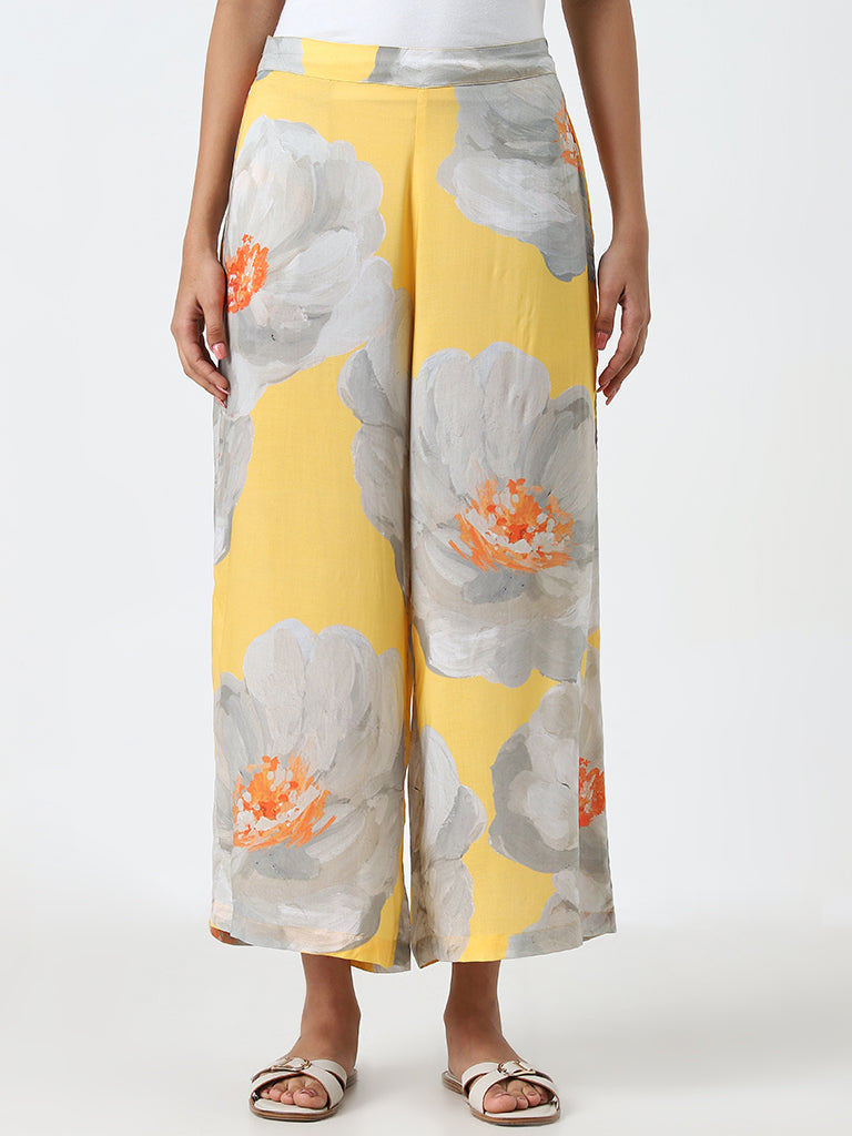 Utsa Yellow Floral High-Rise Palazzos