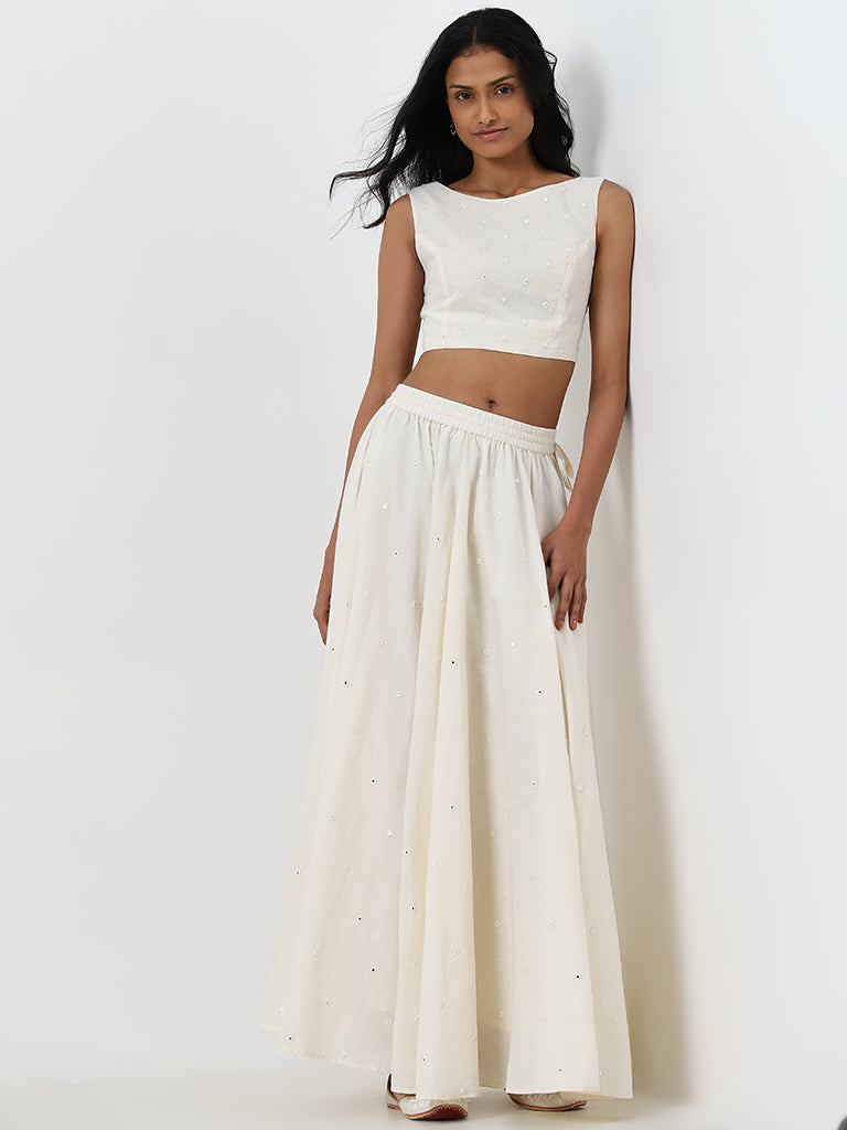 Utsa Off-White Mirror Work High-Rise Cotton Skirt