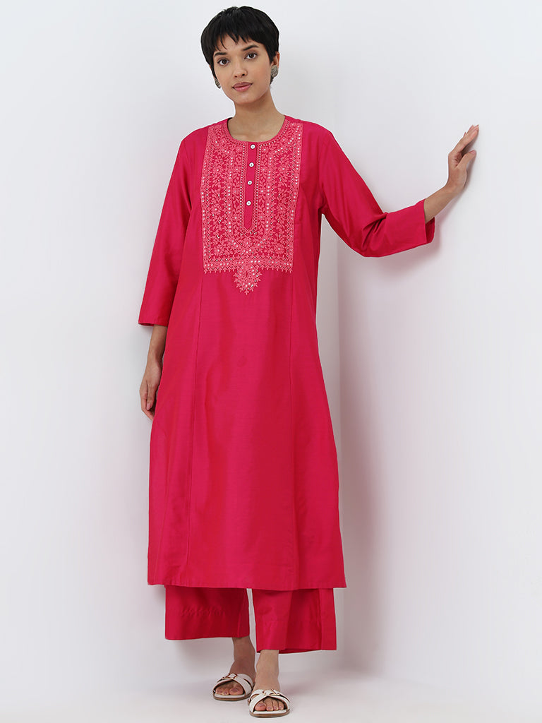 Utsa Magenta Solid High-Rise Ethnic Pants