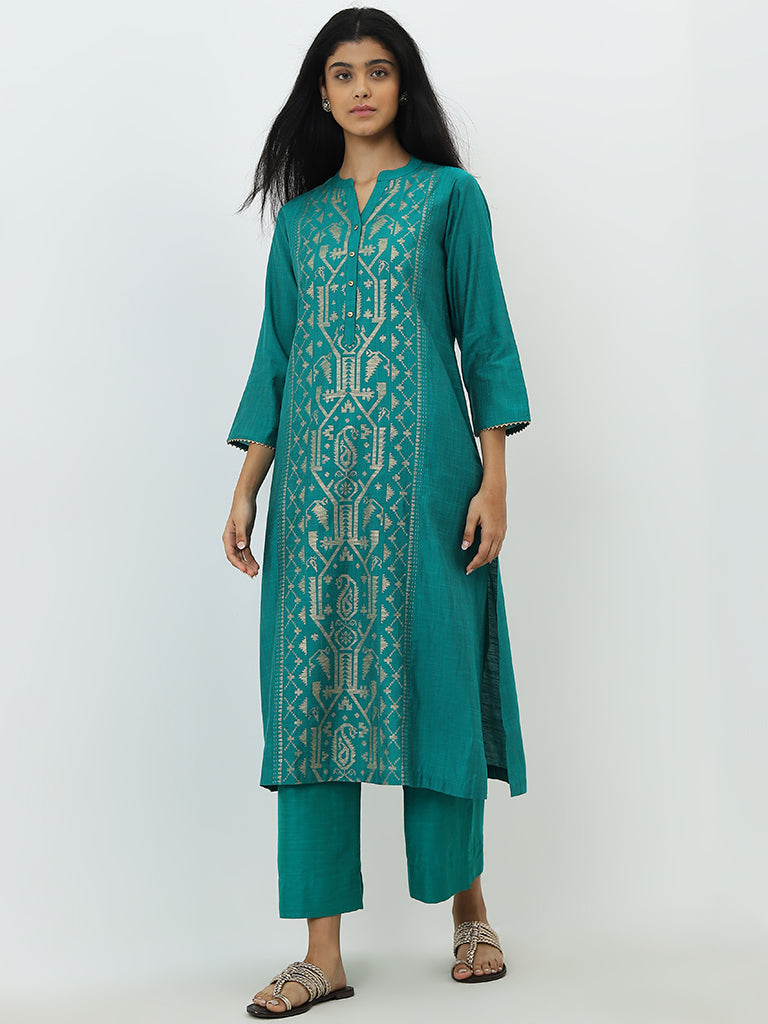 Utsa Teal High-Rise Ethnic Pants