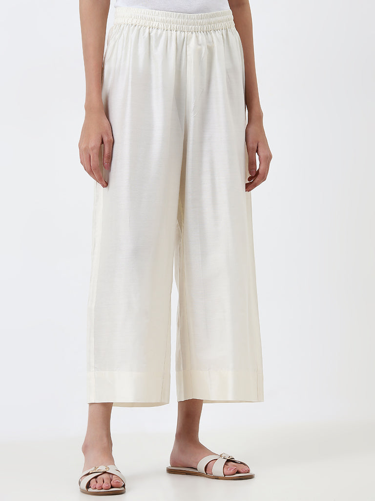 Utsa Off-White Solid High-Rise Cotton Blend Ethnic Pants