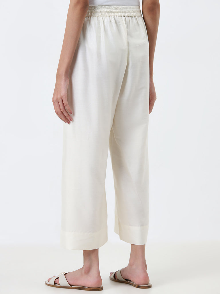 Utsa Off-White Solid High-Rise Cotton Blend Ethnic Pants