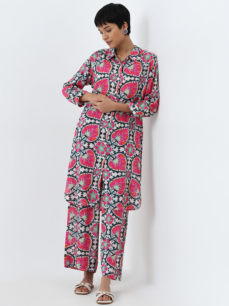 Utsa Pink Leaf Printed High-Rise Palazzos