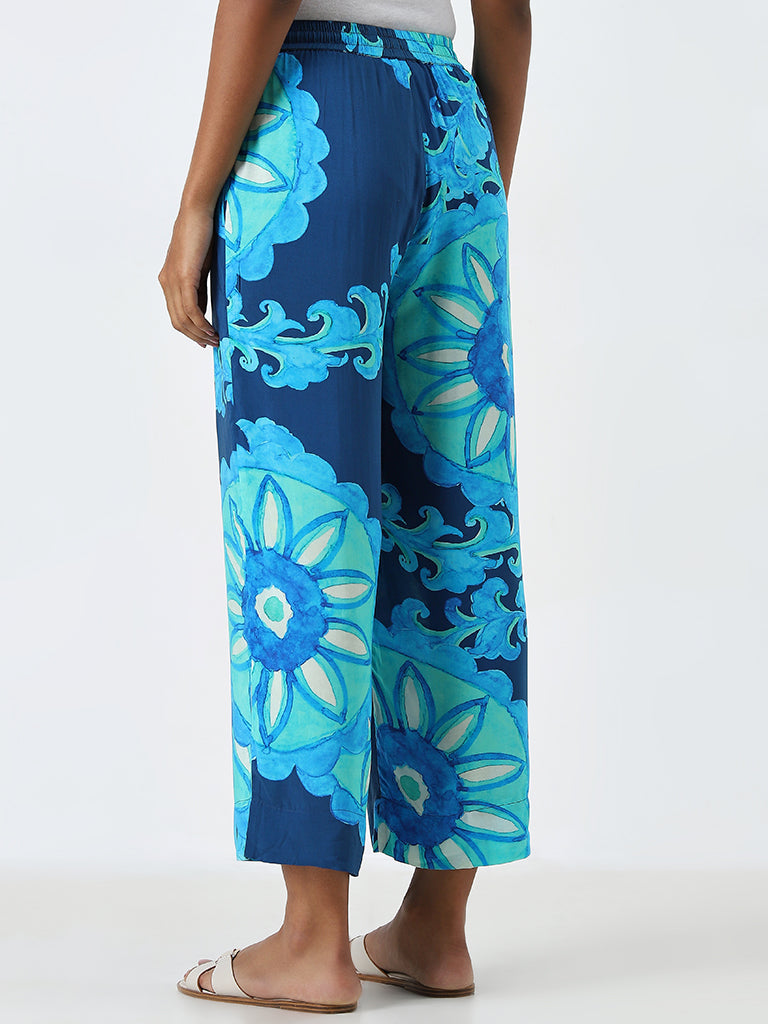 Utsa Blue Floral Printed High-Rise Palazzos