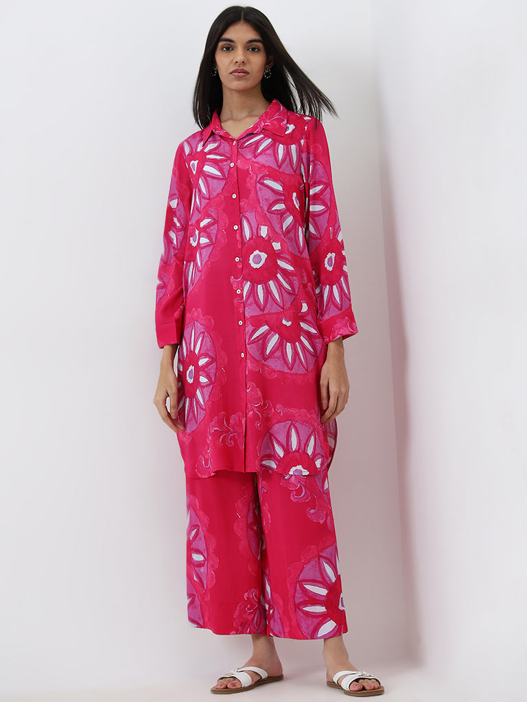 Utsa Pink Floral Design High-Rise Palazzos