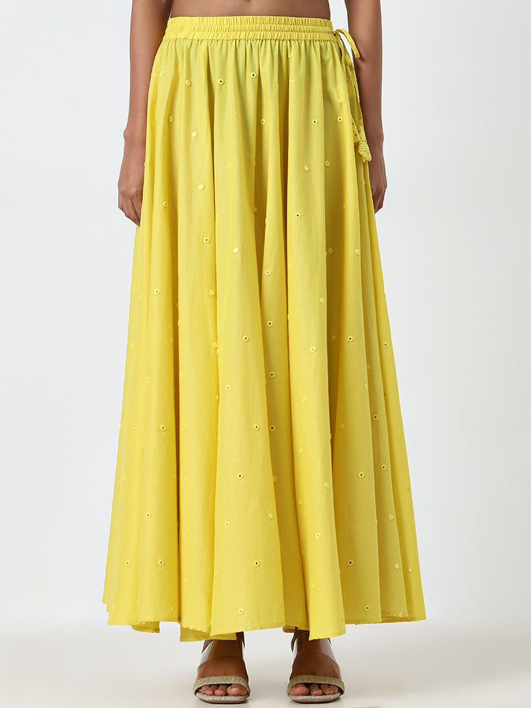 Utsa Yellow Mirror Work Mid-Rise Cotton Skirt