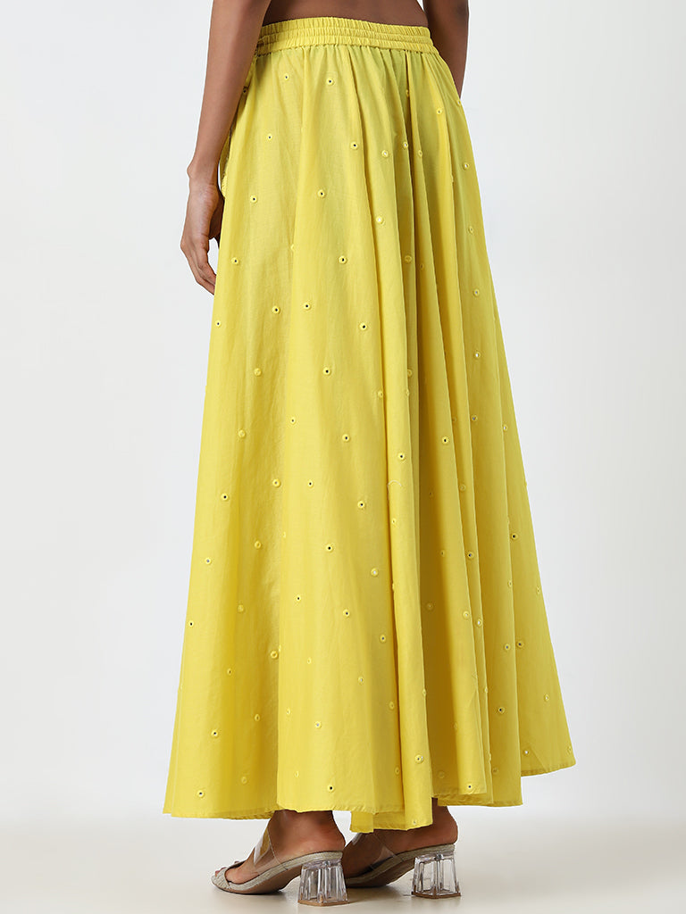 Utsa Yellow Mirror Work Mid-Rise Cotton Skirt