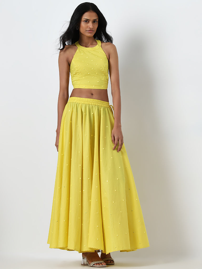 Utsa Yellow Mirror Work Mid-Rise Cotton Skirt