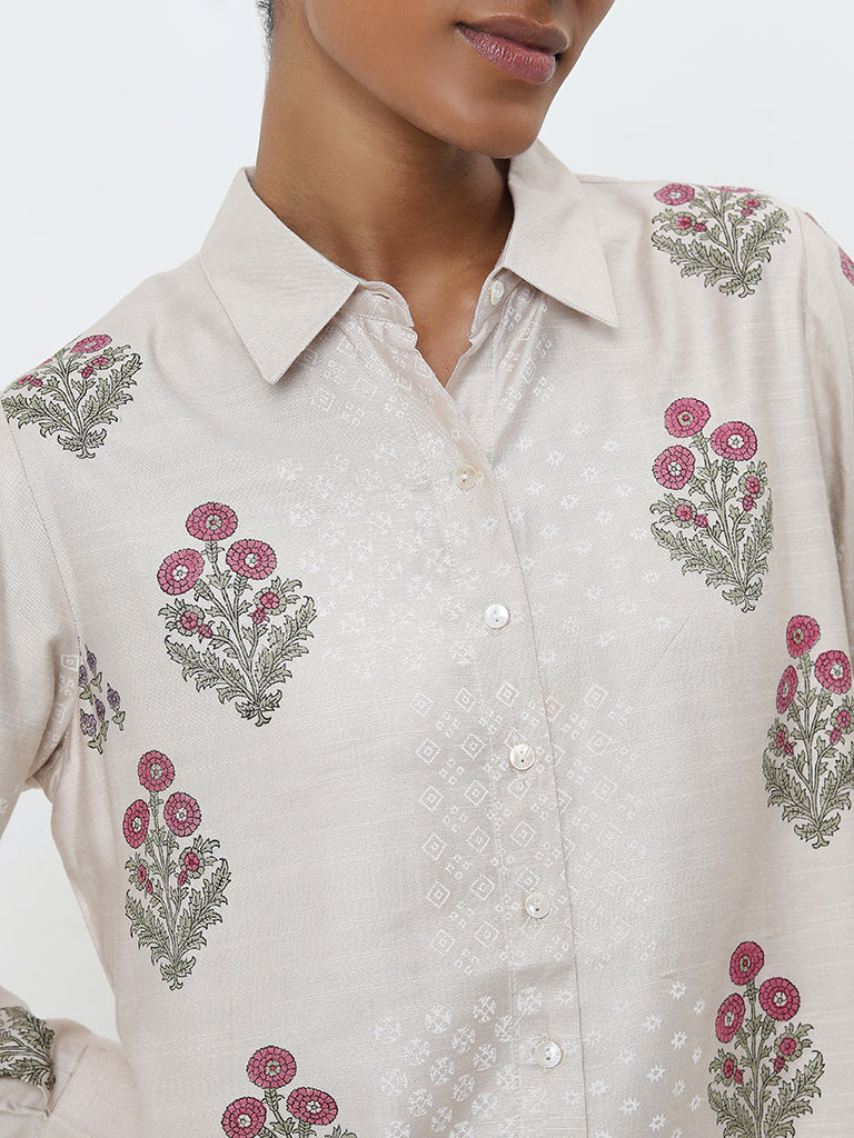 Zuba Beige Floral Printed Straight Tunic