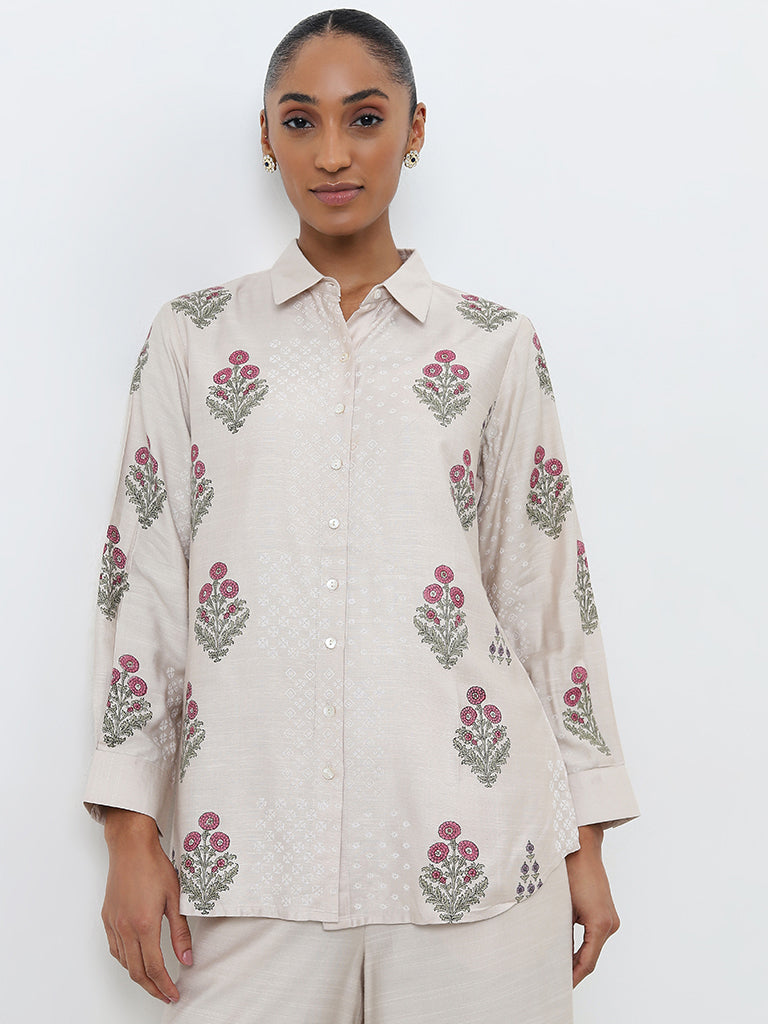 Zuba Beige Floral Printed Straight Tunic