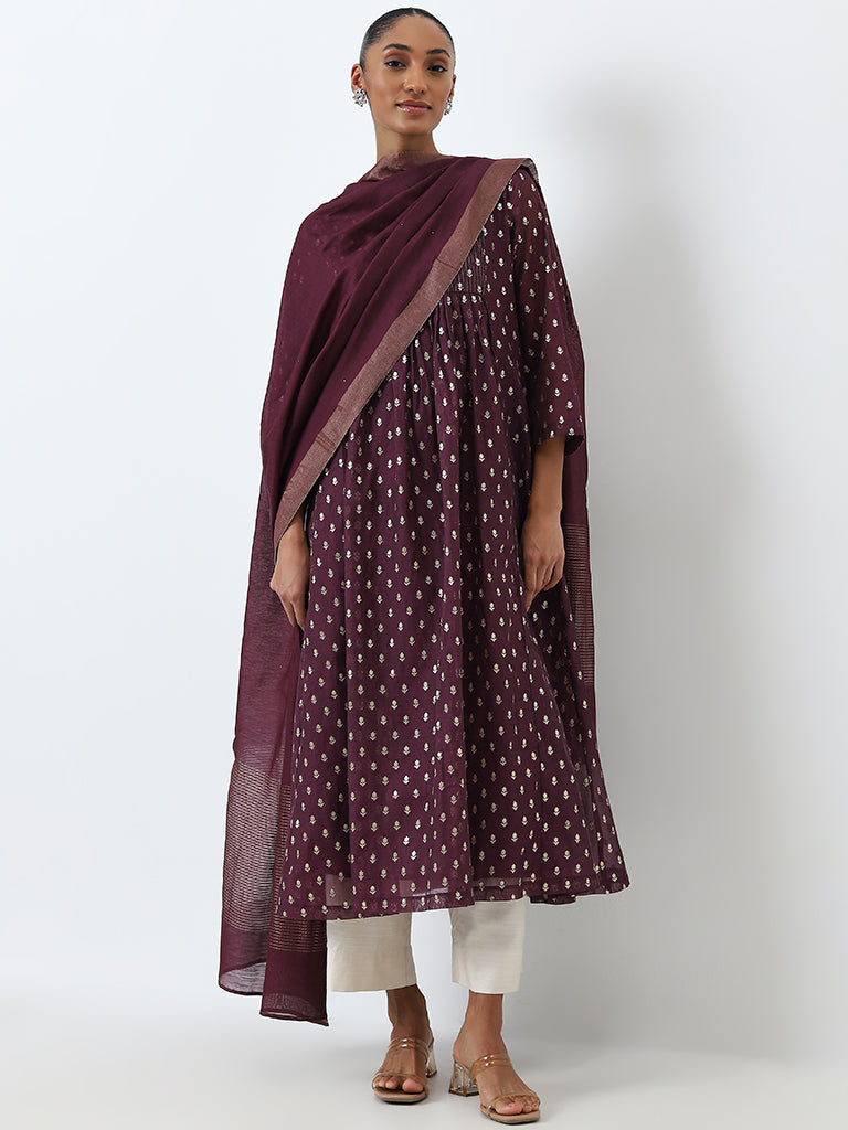 Zuba Purple Embellished Fit-and-Flare Kurta with Inner