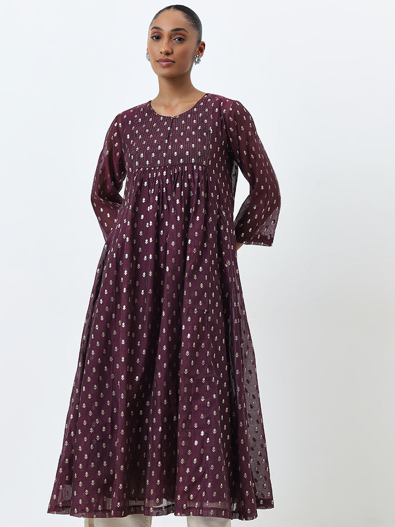 Zuba Purple Embellished Fit-and-Flare Kurta with Inner