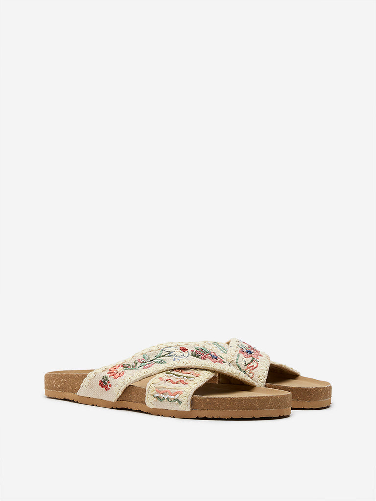 LUNA BLU Off-White Embroidered Slip-On Sandals